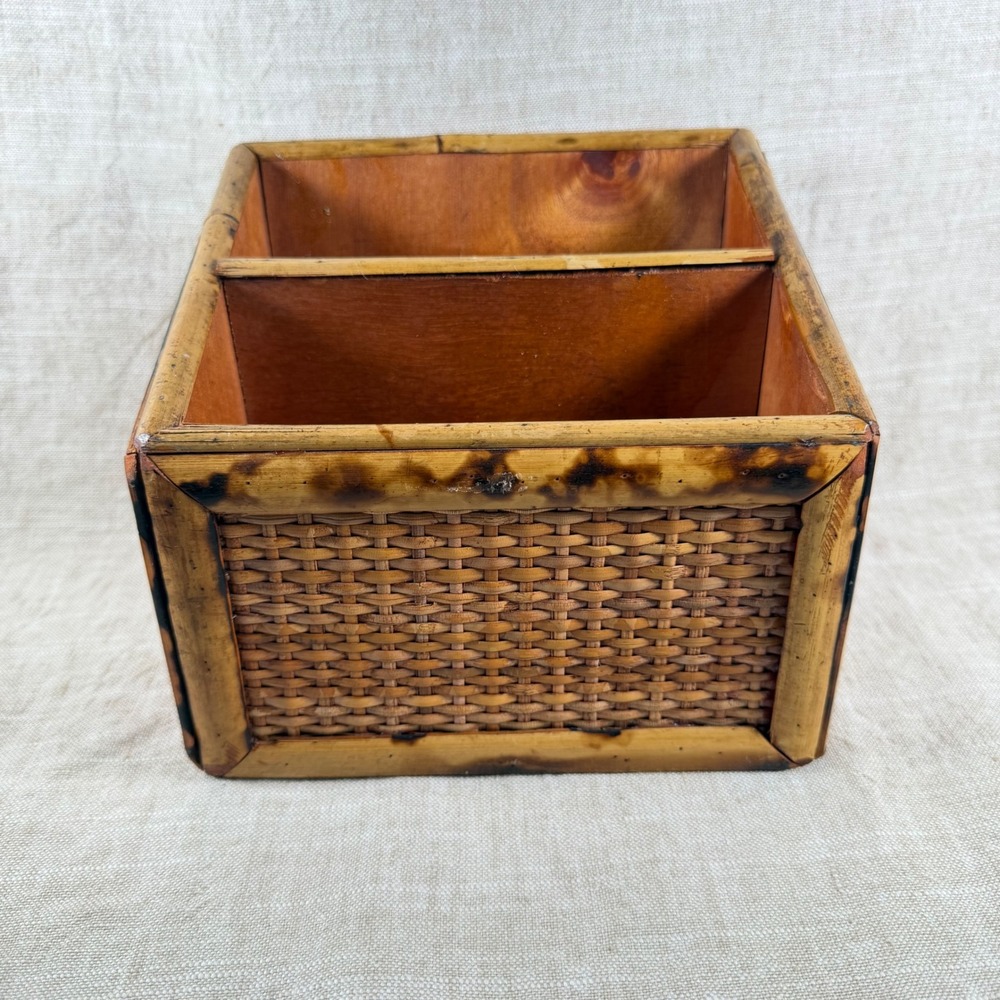 Vintage Bamboo Rattan Desk Organizer Woven Letter Holder Boho Tiki Office Decor